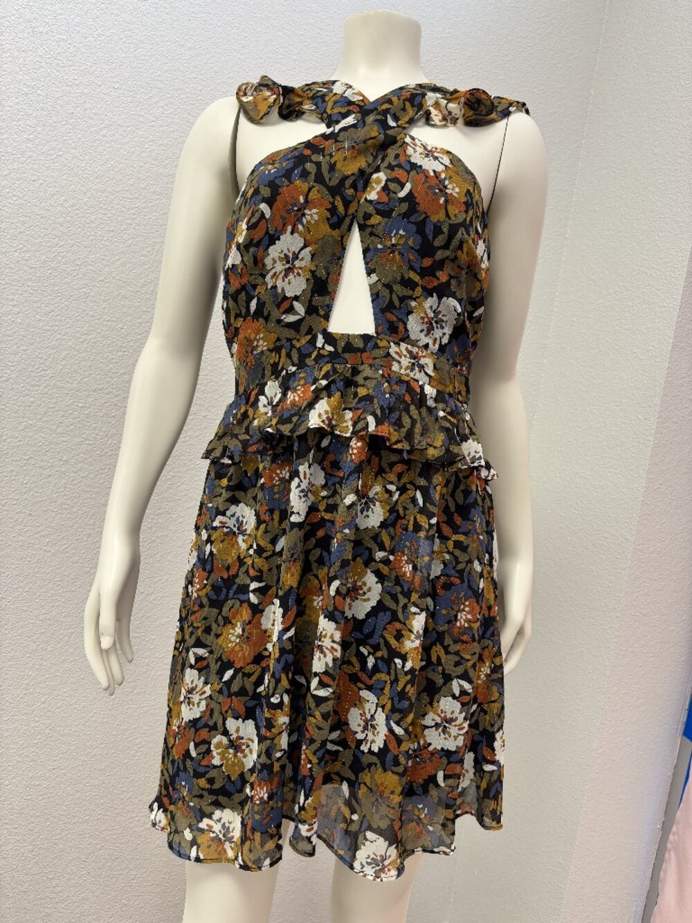 NWT Sadie & Sage Floral Ruffle Cutout Mini Dress Black Gold Available Size S M L